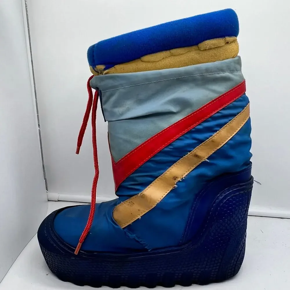 Vintage 80s Snow Boot Youth 4-5 Blue Nylon Stripe Winter Moon